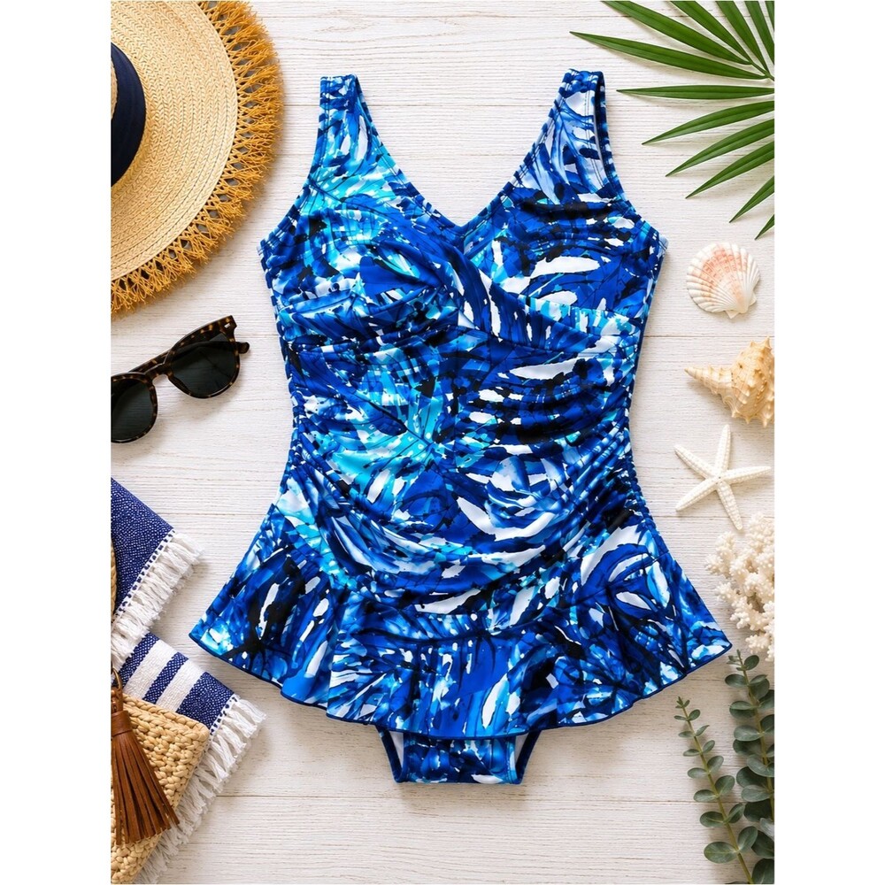 Ceeb Swim Dress 14 Blue Tropical One Piece Swimsuit Ruched Tummy Control Coastal